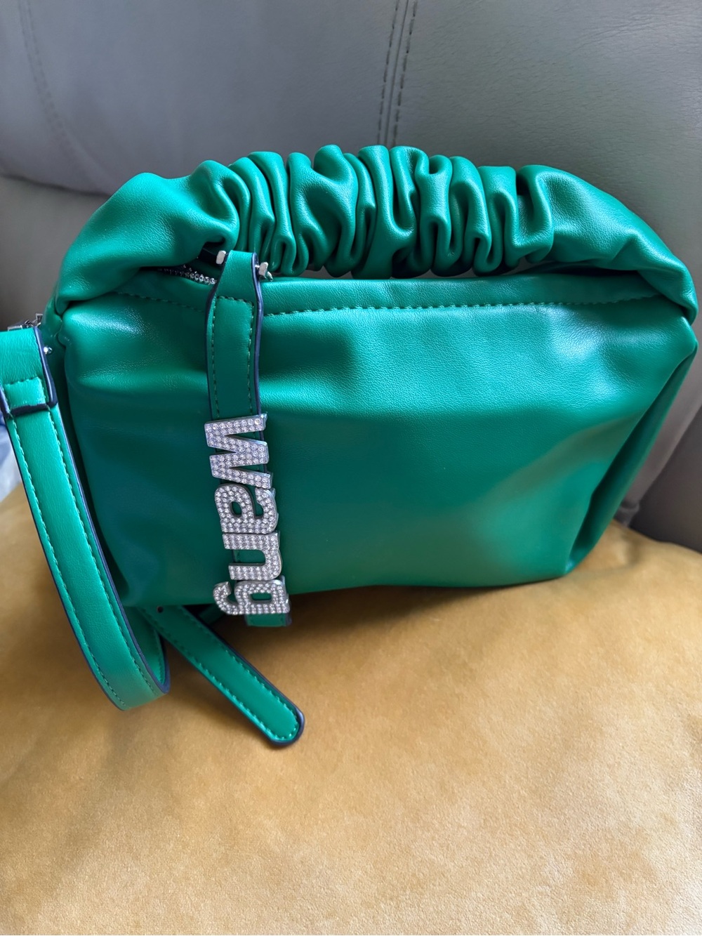 Green Ruched Crossbody Bag with Crystal Name Charm